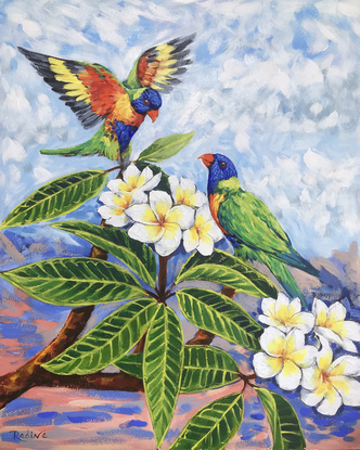 Rainbow lorikeets and Frangipani original painting by Irina Redine. Framed and ready to hang original artwork.