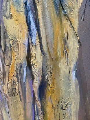 Textured painting of Australian gun tree trunks in earthy neutral tones on canvas, ready to hang.