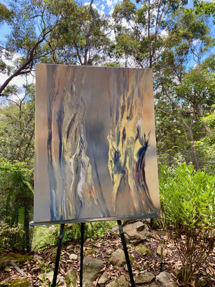 Textured painting of Australian gun tree trunks in earthy neutral tones on canvas, ready to hang.