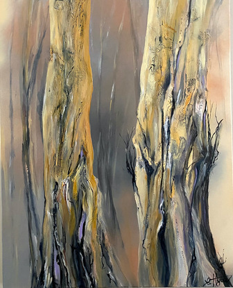 Textured painting of Australian gun tree trunks in earthy neutral tones on canvas, ready to hang.