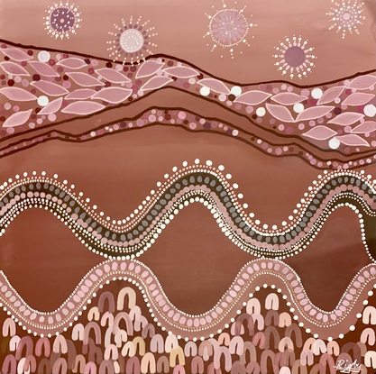 
Harmony depicts the many layers of country and it's sybotic relationship with indigenous people. The painting moves through the ocean, to the fertile land that provides food and medicine. It is then followed by the stars and sun which provides light and energy. The indigenous people give back by looking after this intricate ecosystem. 
. 

This artwork is part of a collection of artworks. The other artworks are union and Harvast. 