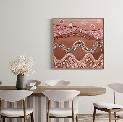 
Harmony depicts the many layers of country and it's sybotic relationship with indigenous people. The painting moves through the ocean, to the fertile land that provides food and medicine. It is then followed by the stars and sun which provides light and energy. The indigenous people give back by looking after this intricate ecosystem. 
. 

This artwork is part of a collection of artworks. The other artworks are union and Harvast. 