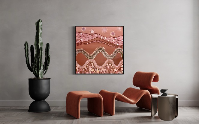 
Harmony depicts the many layers of country and it's sybotic relationship with indigenous people. The painting moves through the ocean, to the fertile land that provides food and medicine. It is then followed by the stars and sun which provides light and energy. The indigenous people give back by looking after this intricate ecosystem. 
. 

This artwork is part of a collection of artworks. The other artworks are union and Harvast. 