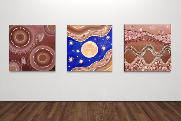 
Harmony depicts the many layers of country and it's sybotic relationship with indigenous people. The painting moves through the ocean, to the fertile land that provides food and medicine. It is then followed by the stars and sun which provides light and energy. The indigenous people give back by looking after this intricate ecosystem. 
. 

This artwork is part of a collection of artworks. The other artworks are union and Harvast. 