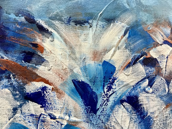 Blues, white and copper make up an abstract flower piece.