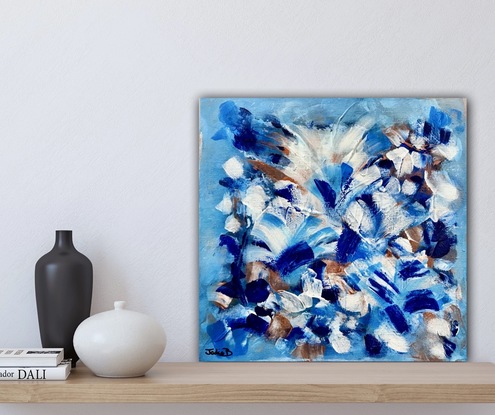 Blues, white and copper make up an abstract flower piece.