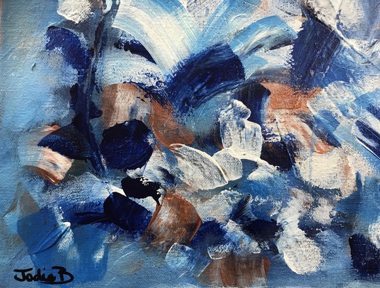 Blues, white and copper make up an abstract flower piece.