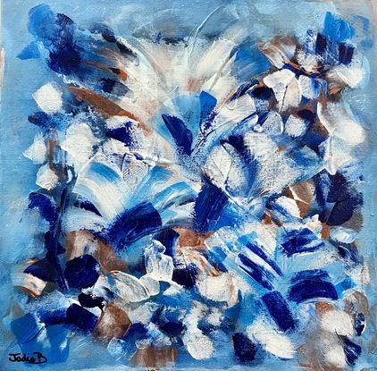 Blues, white and copper make up an abstract flower piece.