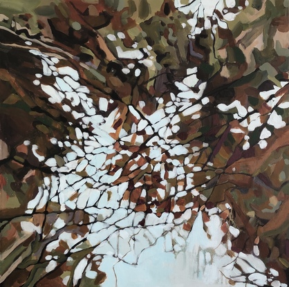 Abstract painting of dappled appearance. The reflection of the sky is pale blue and the reflections of the leaves are different shades of brown.