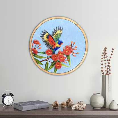 Rainbow lorikeet on a blossoming bottlebrush (Callistemon) tree, framed original painting by Irina Redine.