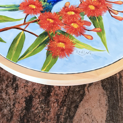 Rainbow lorikeet on a blossoming bottlebrush (Callistemon) tree, framed original painting by Irina Redine.