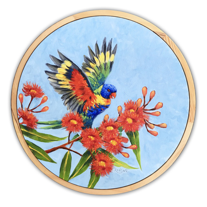 Rainbow lorikeet on a blossoming bottlebrush (Callistemon) tree, framed original painting by Irina Redine.