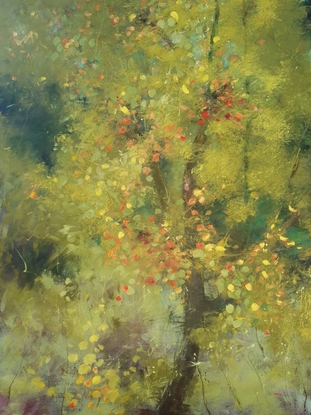 Tone-on-tone olive green painting of young tree in dense scrub, with sunlit leaves in warm tones. By Australian artist Victoria Collins. 