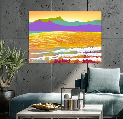 An interpretative impression of a view of the NSW coastline as viewed across the water from Byron Bay.