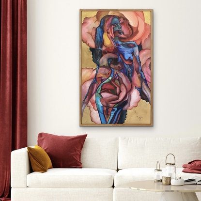 Abstract grey lady lying in pink purple human sized lilies