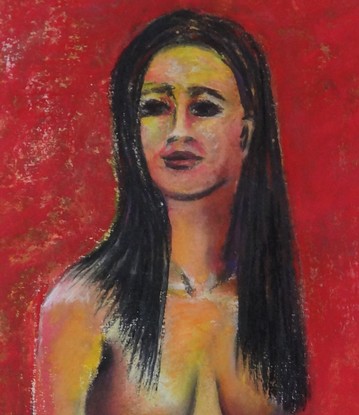 Nude Woman seated in front of a red screen. 