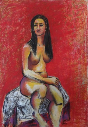 Nude Woman seated in front of a red screen. 