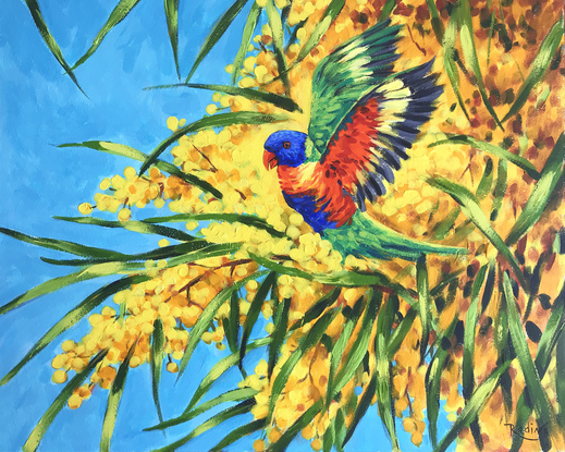 Rainbow lorikeets and Golden Wattle original painting by Irina Redine. Framed and ready to hang original artwork.