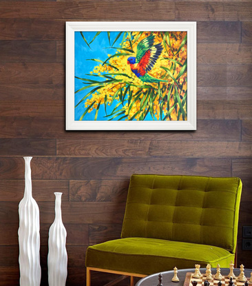 Rainbow lorikeets and Golden Wattle original painting by Irina Redine. Framed and ready to hang original artwork.