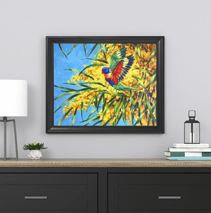 Rainbow lorikeets and Golden Wattle original painting by Irina Redine. Framed and ready to hang original artwork.