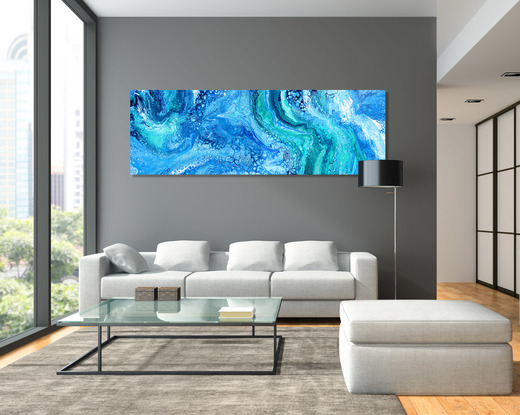 ABSTRACT painting that gives the impression of soothing ocean waves lapping in to soft sandy shore.  The intricate mosaic pattern within the tonal blue hues and the glimmering adds added interest and intrigue the close one gets to the painting.