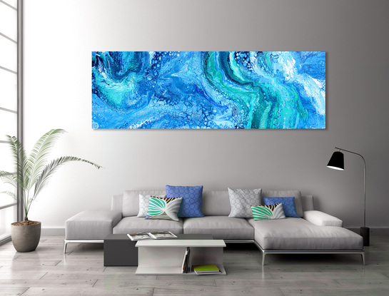 ABSTRACT painting that gives the impression of soothing ocean waves lapping in to soft sandy shore.  The intricate mosaic pattern within the tonal blue hues and the glimmering adds added interest and intrigue the close one gets to the painting.