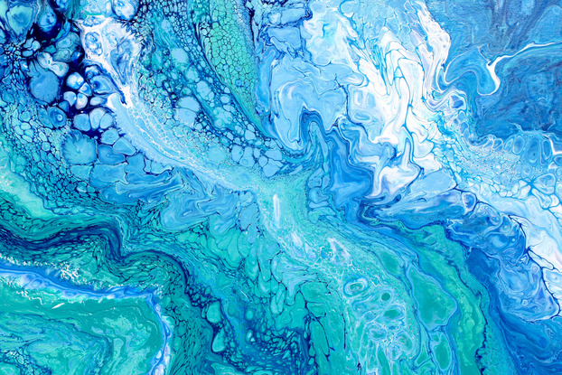 ABSTRACT painting that gives the impression of soothing ocean waves lapping in to soft sandy shore.  The intricate mosaic pattern within the tonal blue hues and the glimmering adds added interest and intrigue the close one gets to the painting.