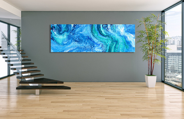 ABSTRACT painting that gives the impression of soothing ocean waves lapping in to soft sandy shore.  The intricate mosaic pattern within the tonal blue hues and the glimmering adds added interest and intrigue the close one gets to the painting.