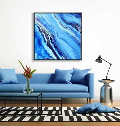 ABSTRACT painting that gives the impression of soothing ocean waves  The intricate mosaic pattern within the tonal blue hues and the glimmering aquamarine adds added interest and intrigue the close one gets to the painting.