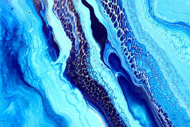 ABSTRACT painting that gives the impression of soothing ocean waves  The intricate mosaic pattern within the tonal blue hues and the glimmering aquamarine adds added interest and intrigue the close one gets to the painting.