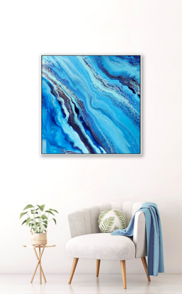 ABSTRACT painting that gives the impression of soothing ocean waves  The intricate mosaic pattern within the tonal blue hues and the glimmering aquamarine adds added interest and intrigue the close one gets to the painting.