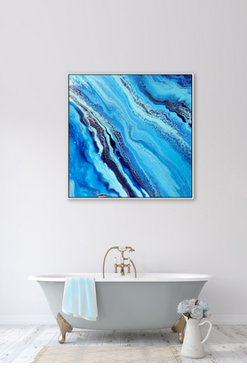 ABSTRACT painting that gives the impression of soothing ocean waves  The intricate mosaic pattern within the tonal blue hues and the glimmering aquamarine adds added interest and intrigue the close one gets to the painting.