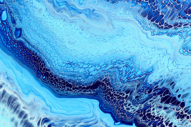 ABSTRACT painting that gives the impression of soothing ocean waves  The intricate mosaic pattern within the tonal blue hues and the glimmering aquamarine adds added interest and intrigue the close one gets to the painting.