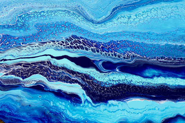 ABSTRACT painting that gives the impression of soothing ocean waves  The intricate mosaic pattern within the tonal blue hues and the glimmering aquamarine adds added interest and intrigue the close one gets to the painting.