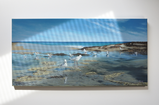 A flock of seagulls rest at the wet sand beach in the sunny day