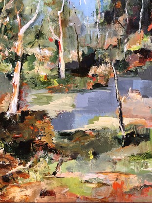 This painting is influenced by a bushwalk near my home. I wanted to get the feel of the scrappy undergrowth and the tall beautiful eucalypts. Also the dappled sunlight coming through the trees.
