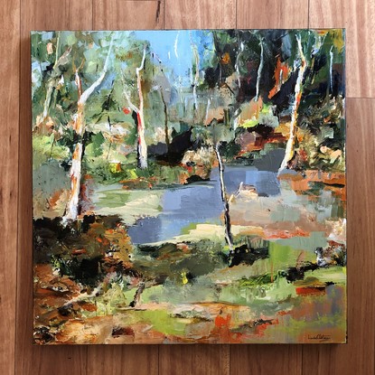 This painting is influenced by a bushwalk near my home. I wanted to get the feel of the scrappy undergrowth and the tall beautiful eucalypts. Also the dappled sunlight coming through the trees.
