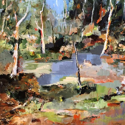 This painting is influenced by a bushwalk near my home. I wanted to get the feel of the scrappy undergrowth and the tall beautiful eucalypts. Also the dappled sunlight coming through the trees.
