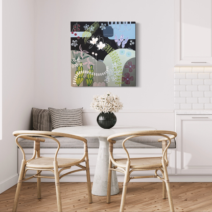 Abstract flowers, vines and leaves set against green hills, with a dark blue sky and light blue cloud elements.