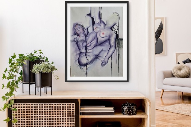 Abstracted reclining nude, female group in blue and lavender tones. The drawing is in soft pastel on paper.