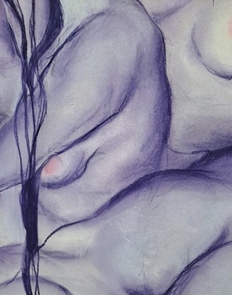 Abstracted reclining nude, female group in blue and lavender tones. The drawing is in soft pastel on paper.