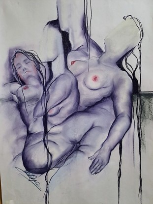 Abstracted reclining nude, female group in blue and lavender tones. The drawing is in soft pastel on paper.