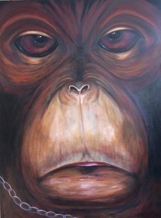 This is a very large strong painting of our closest relative the Orangutan shares the same DNA. 97%.  We may all be Shackled in life