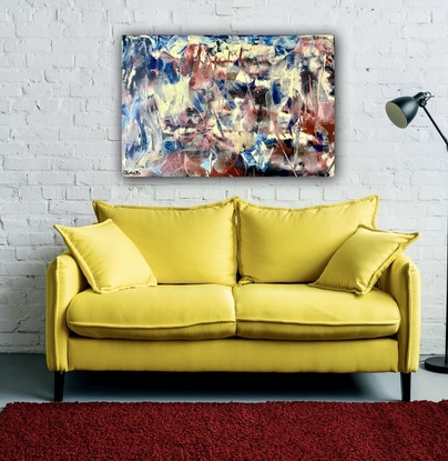 Yellow, blue and rust abstract with movement and flow. It has got an Australian outback feel.