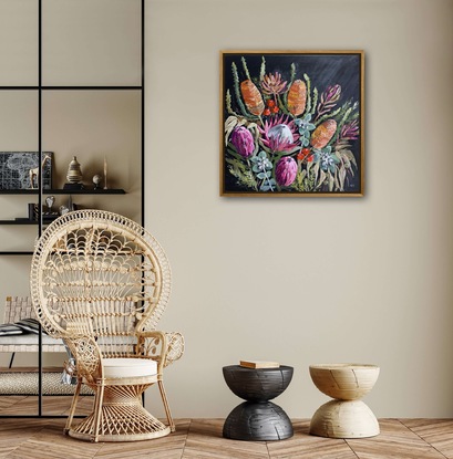 Proteas, banksias and gum leaves are gathered in a loose bunch. Painted with a black background with a hint of reflective light. 