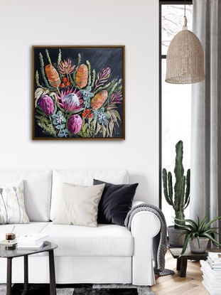 Proteas, banksias and gum leaves are gathered in a loose bunch. Painted with a black background with a hint of reflective light. 