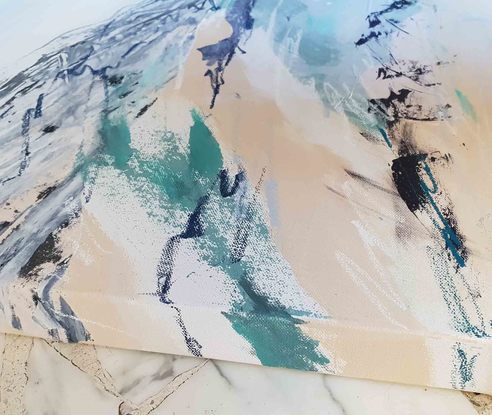 an abstract landscape in shades of blue, aqua, sea glass, beige and white inspired by wild grass and coastal dunes, australian native and indigenous plants