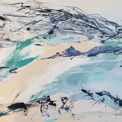 an abstract landscape in shades of blue, aqua, sea glass, beige and white inspired by wild grass and coastal dunes, australian native and indigenous plants