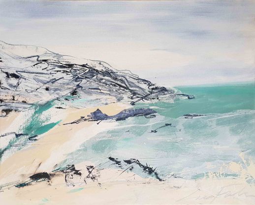 an abstract landscape in shades of blue, aqua, sea glass, beige and white inspired by wild grass and coastal dunes, australian native and indigenous plants