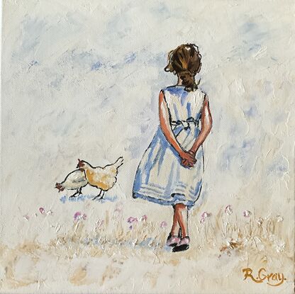 Girl walking, chickens in background 